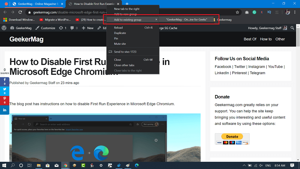 add new tab to existing tab in chrome browser