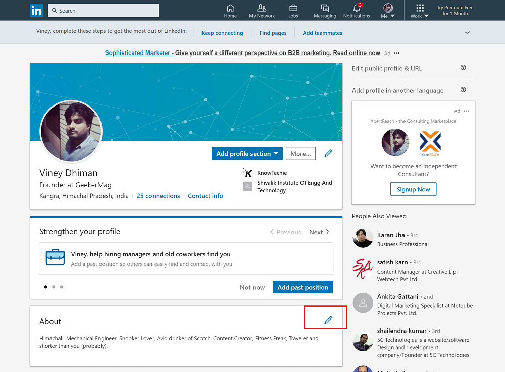 edit about section in linkedin