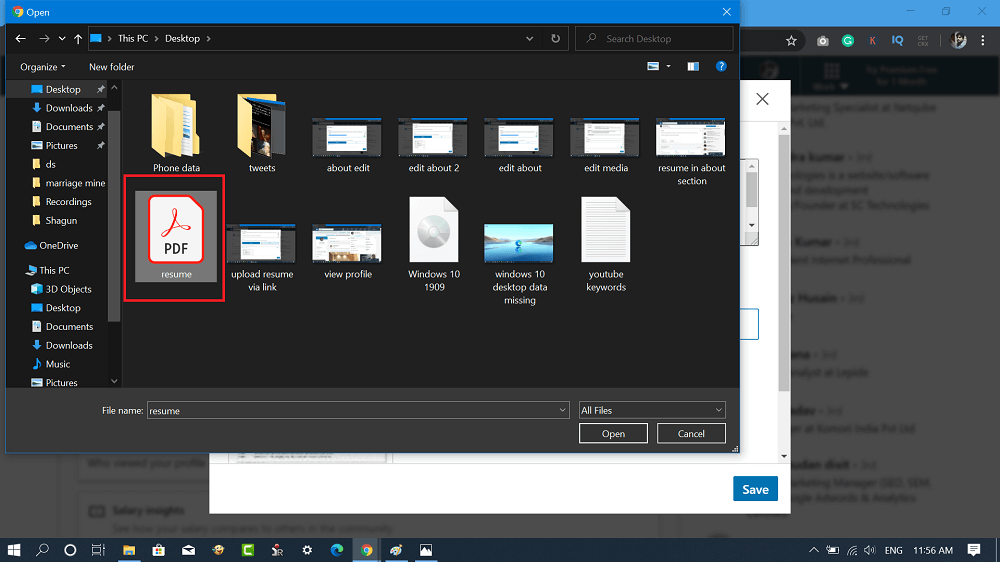 select resume file to upload in linkedin