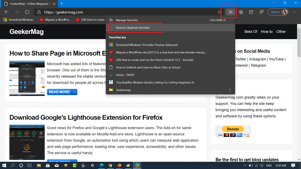 remove duplicate favorite option in microsoft edge