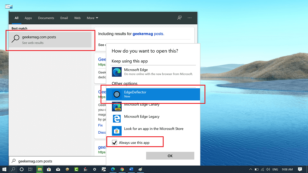 select edgedeflector as default web browser in windows 10