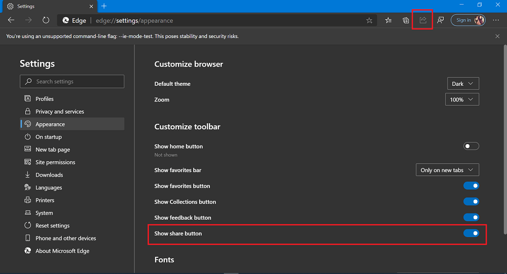 Add a Share button to Toolbar in microsoft edge chromium