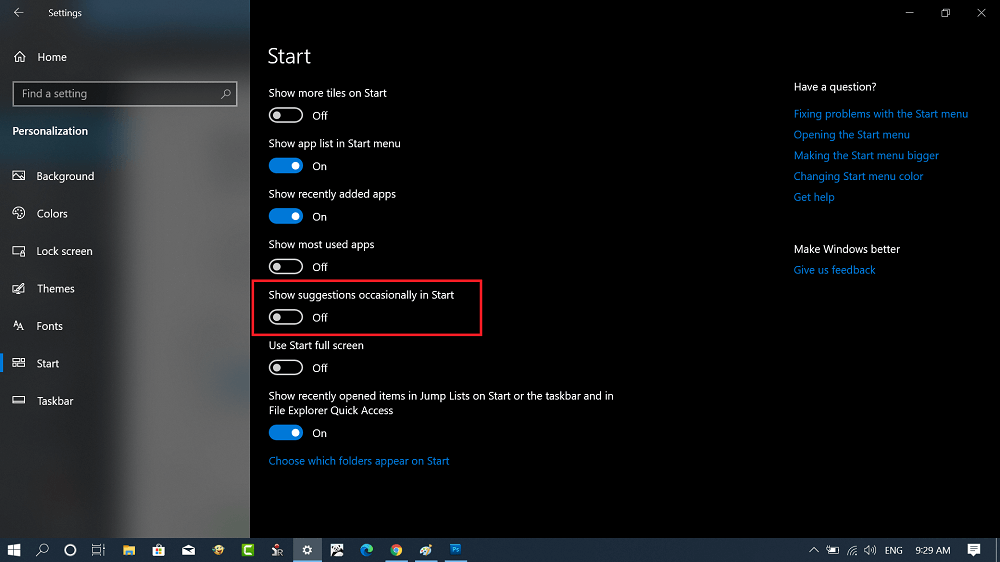 Show suggestions occasionally in start in windows 10