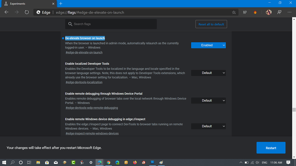 Microsoft Edge enable"De-elevate browser on launch flag 