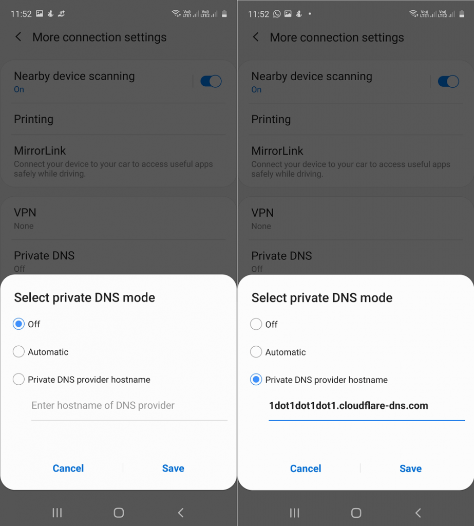 select private dns mode in samsung galaxy phone