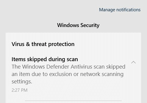 Windows Defender Items skipped during scan