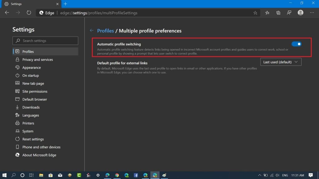 automatic profile swtiching in microsoft edge