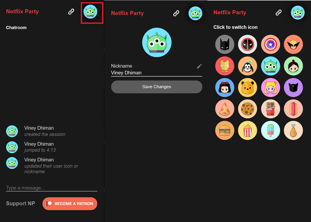 how to change profile picture and profile avatar in Netflix Party chatbox