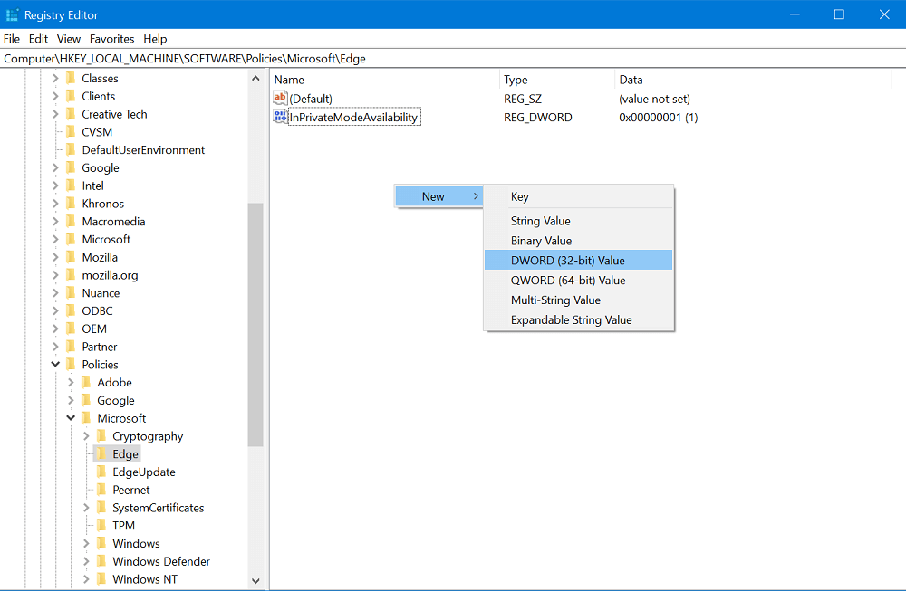 create new dword value in windows 10
