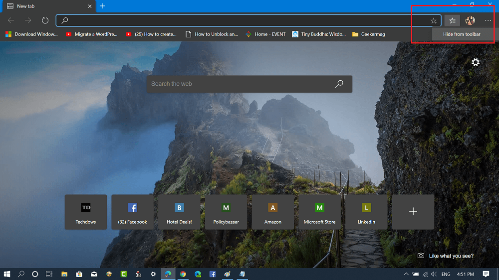 hide favorites button from toolbar in microsoft edge