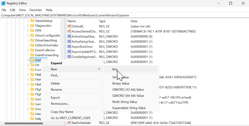 navigate to explorer key in registry editor