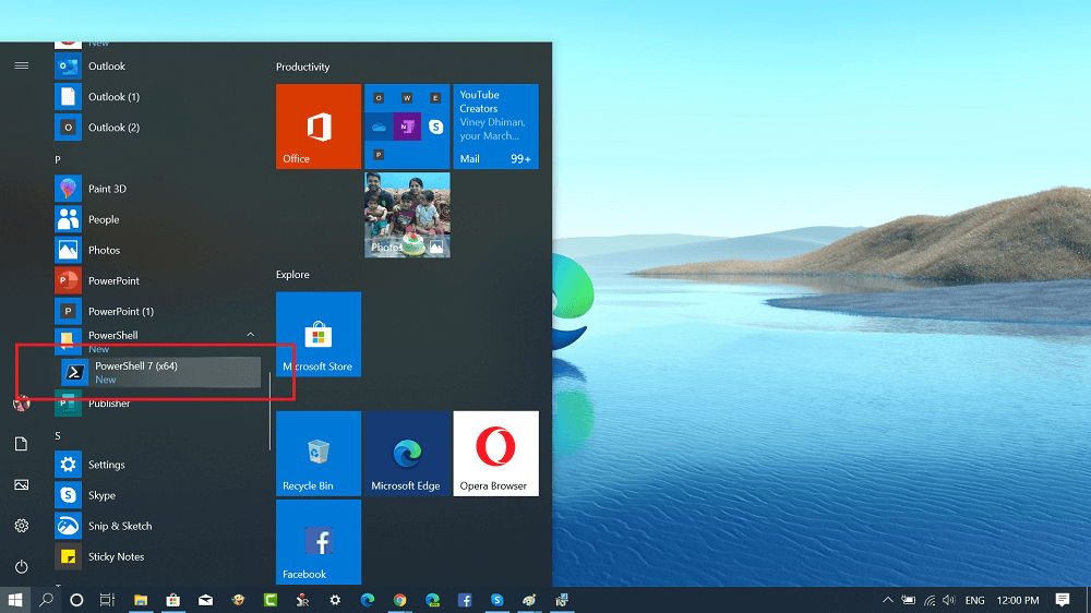 launch powershell 7 from windows 10 start menu