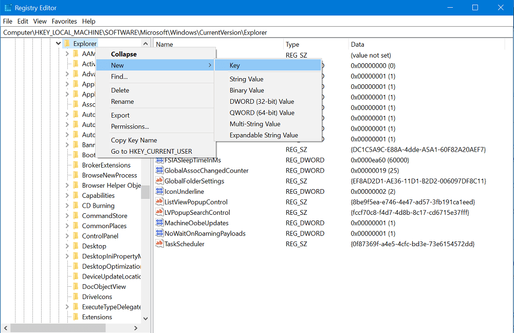 Create new subkey in under explorer key in windows 10