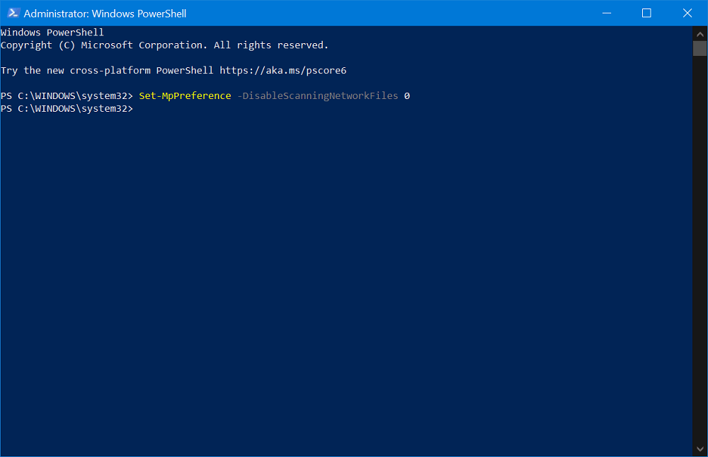 Enable Network Files Scanning in Windows Defender using Windows Powershell 