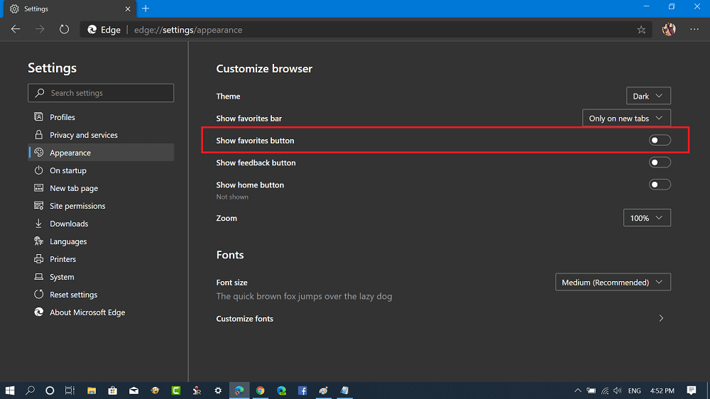 hide favorites button from toolbar in microsoft edge