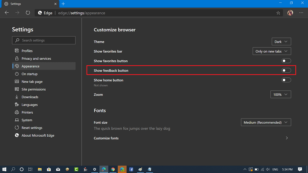 Show feedback button in microsoft edge appearance settings.