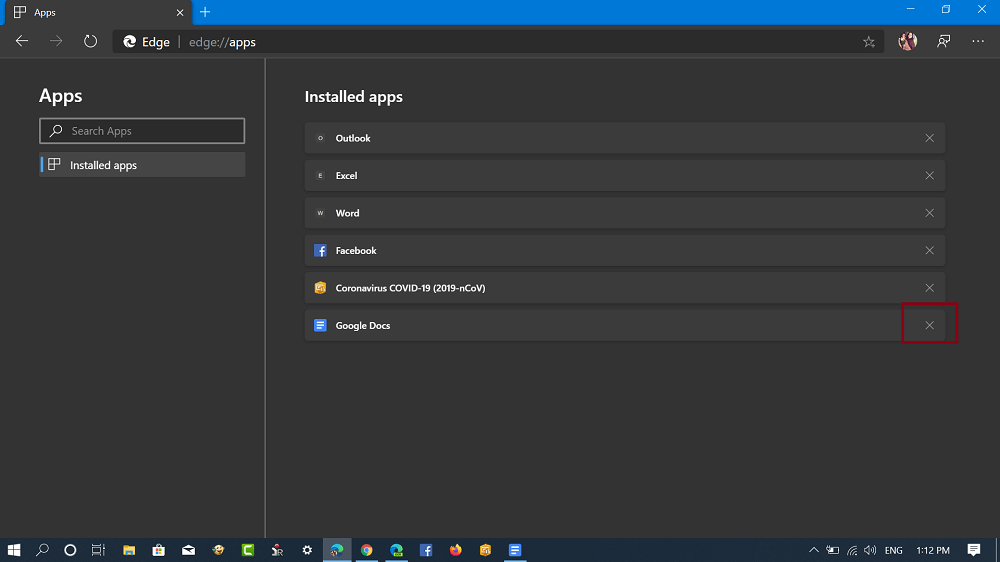 uninstall installed apps in microsoft edge