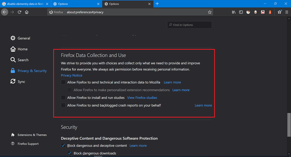 Disable - Firefox Data Collection and Use