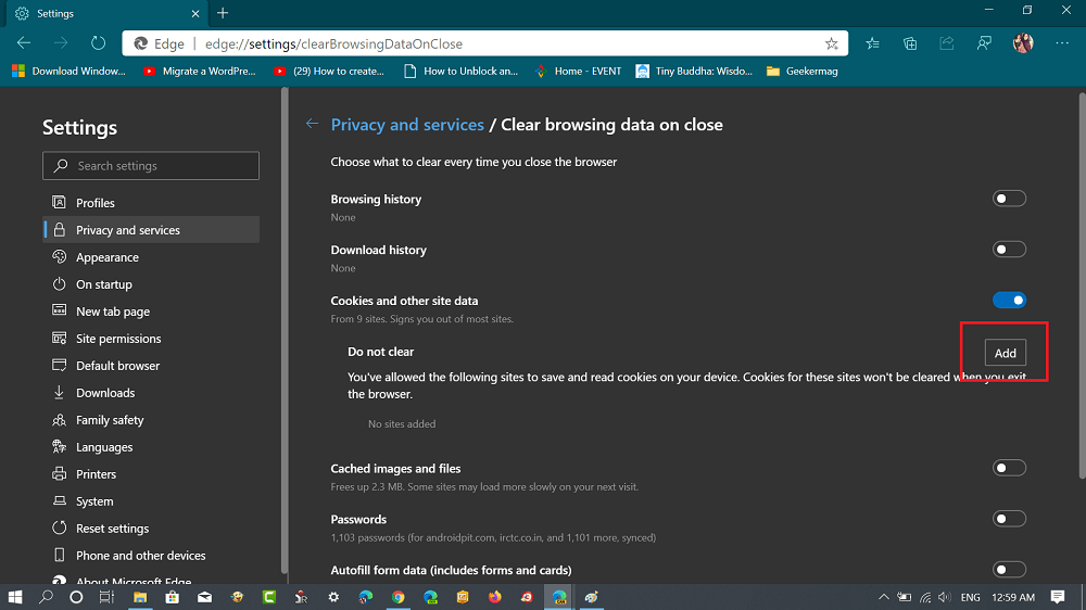 how to clear cookies in edge