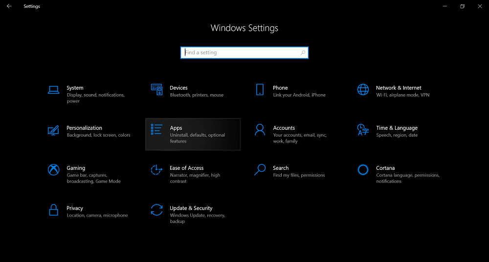 apps option in windows 10 settings app