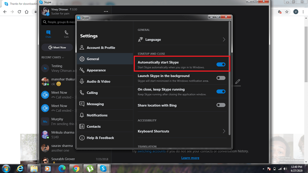 automatically start skype setting in windows 7