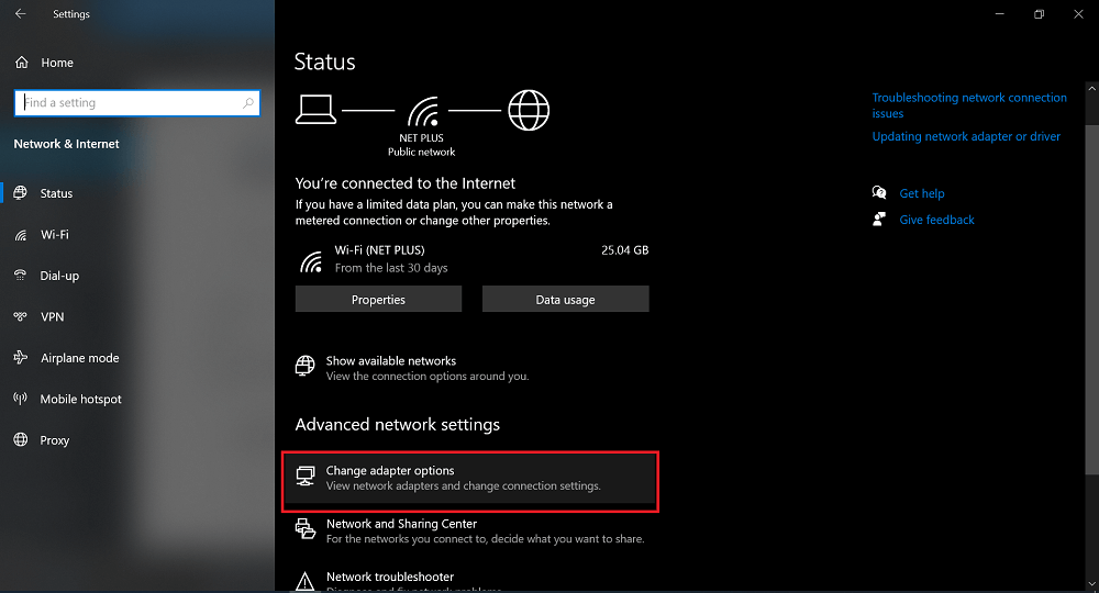 change adapter settings in windows 10