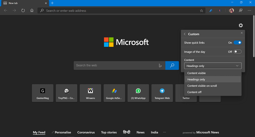 custom layout in microsoft edge new tab page