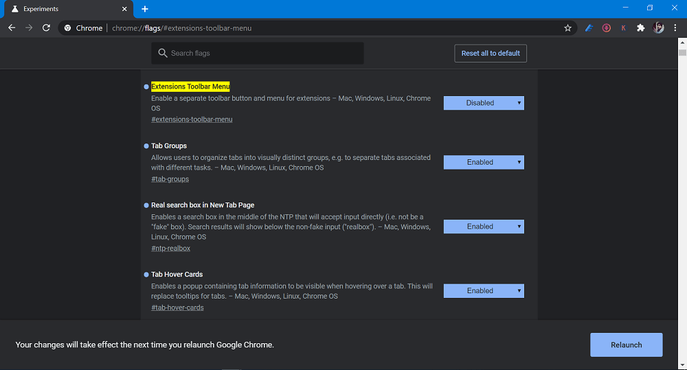 disable new extension toolbar menu in chrome browser