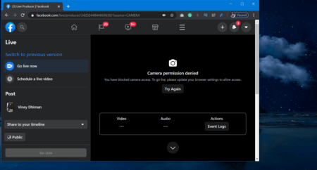 Fix - Facebook Live showing "Camera Access Denied" Error in Chrome in windows 10