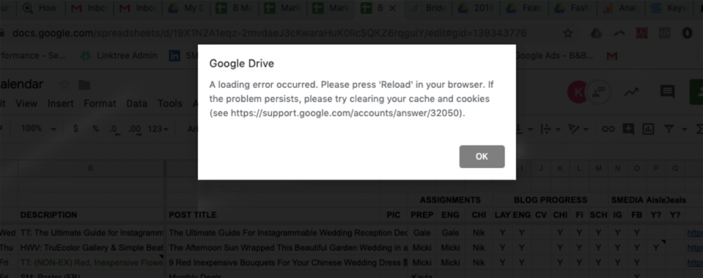 Chrome - Google Sheets - A loading error occurred. Please press 'Reload' in your browser. if the problem persists, please try clearing your cache and cookies
