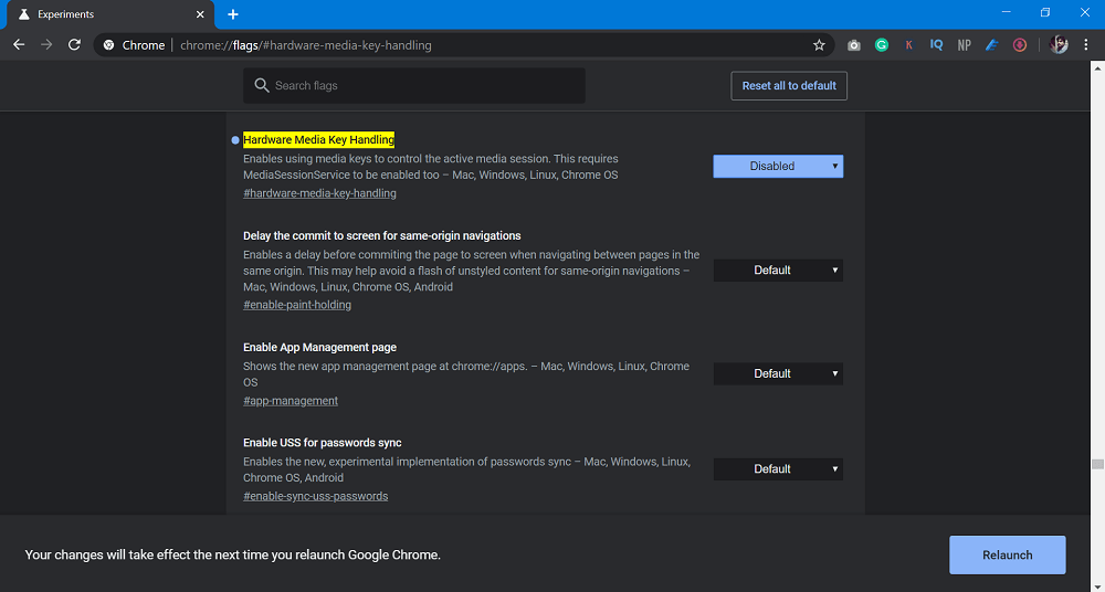Disable Hardware Media Key Handling flag in Google Chrome