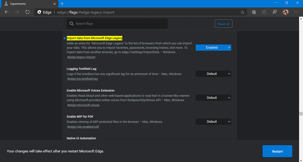 import data from microsoft edge flag