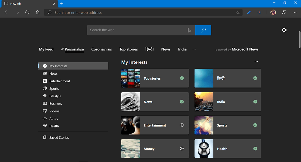 personalize content interest in Microsoft Edge New Tab page