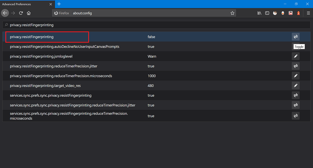 Firefox preference privacy resist fingerprinting