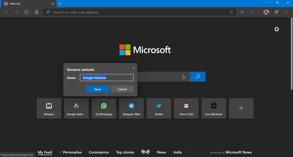 Rename Site Link in New Tab Page in Microsoft Edge