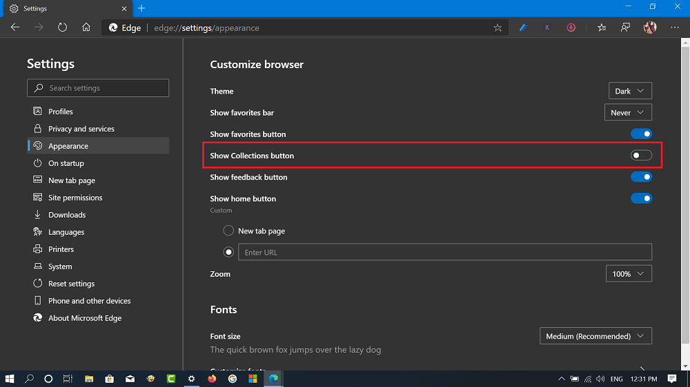 show collections button option in edge appearance settings