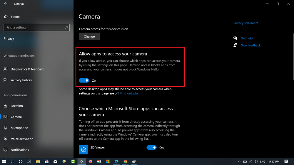 windows 10 camera permissions