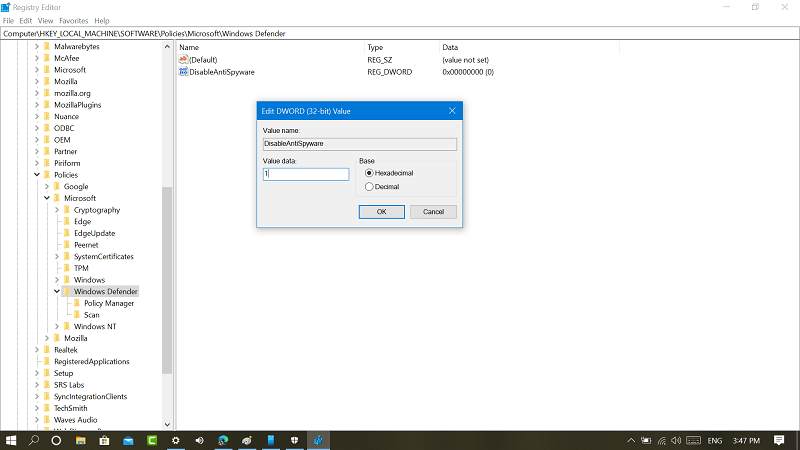 disable antispyware key in windows 10