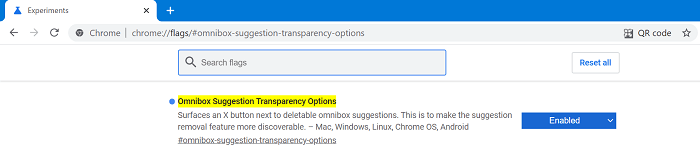 Omnibox Suggestion Transparency flag in chrome