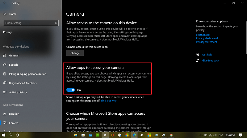 Allow apps to access your camera in windows 10 privacy settings