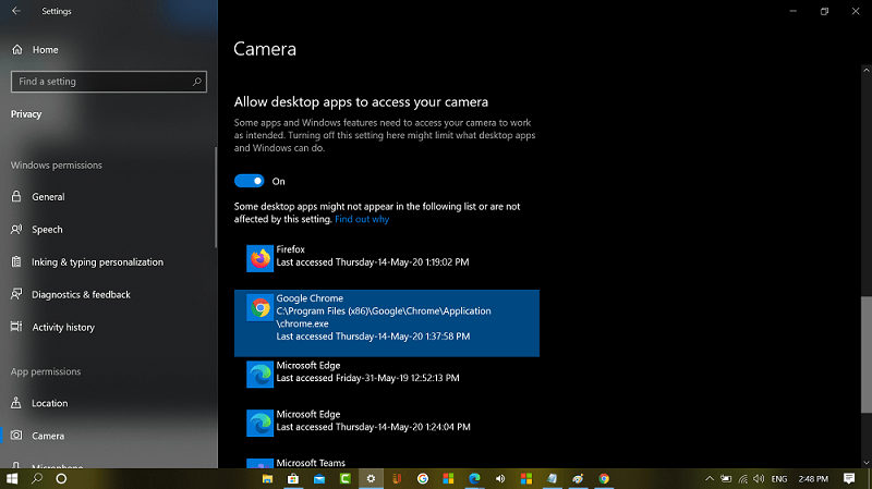 Allow desktop apps to access your camera in windows 10 privacy settings