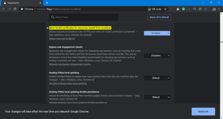 Enable "Allow invalid certificates for resources loaded from localhost" flag in Chrome v81