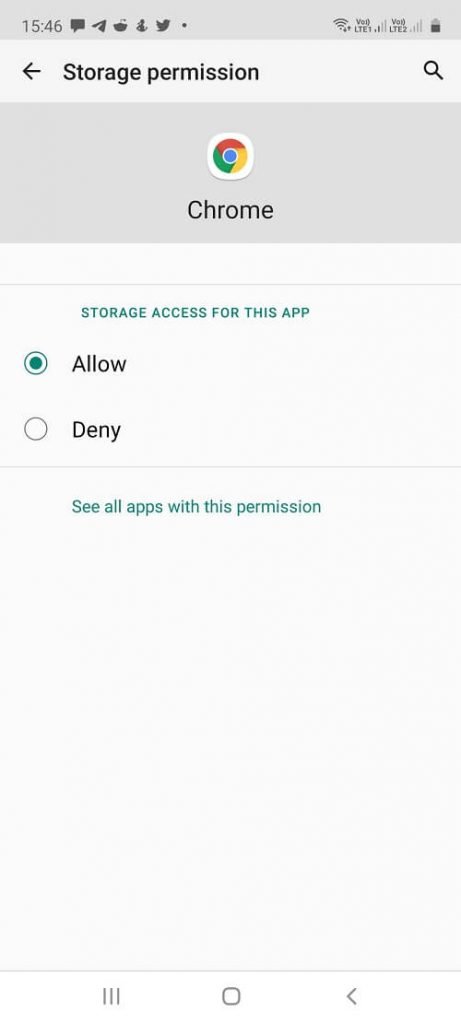 Allow storage permission for Chrome in Android phone