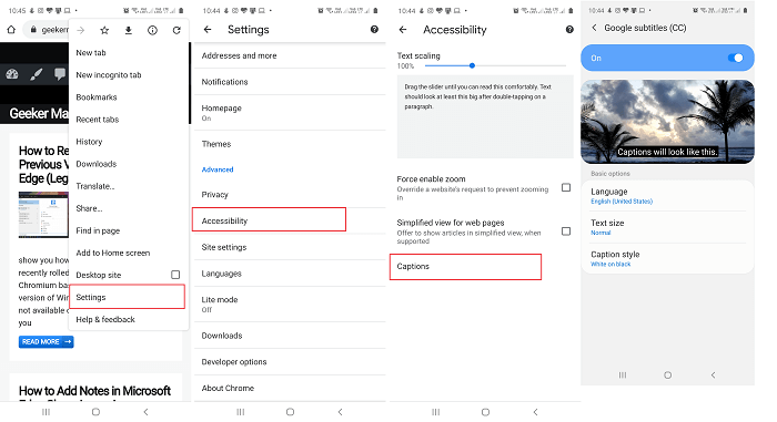 Captions settings in Chrome for android