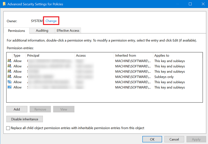 Change Policies Permissions owner settings