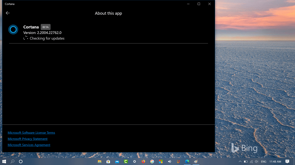 Cortana app checking for update in Windows 10 version 2004