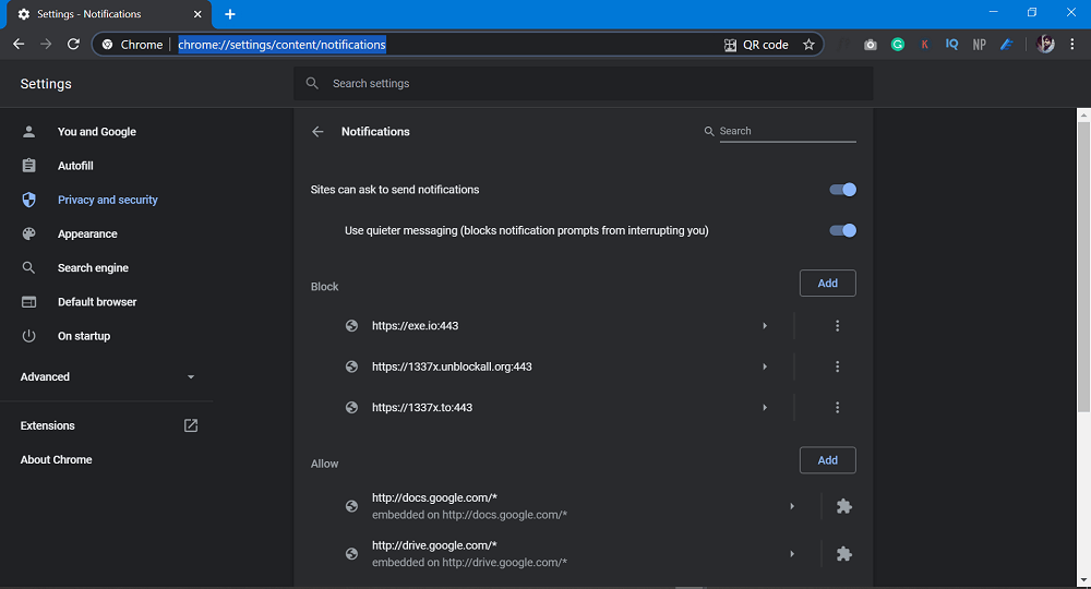 chrome notifications settings