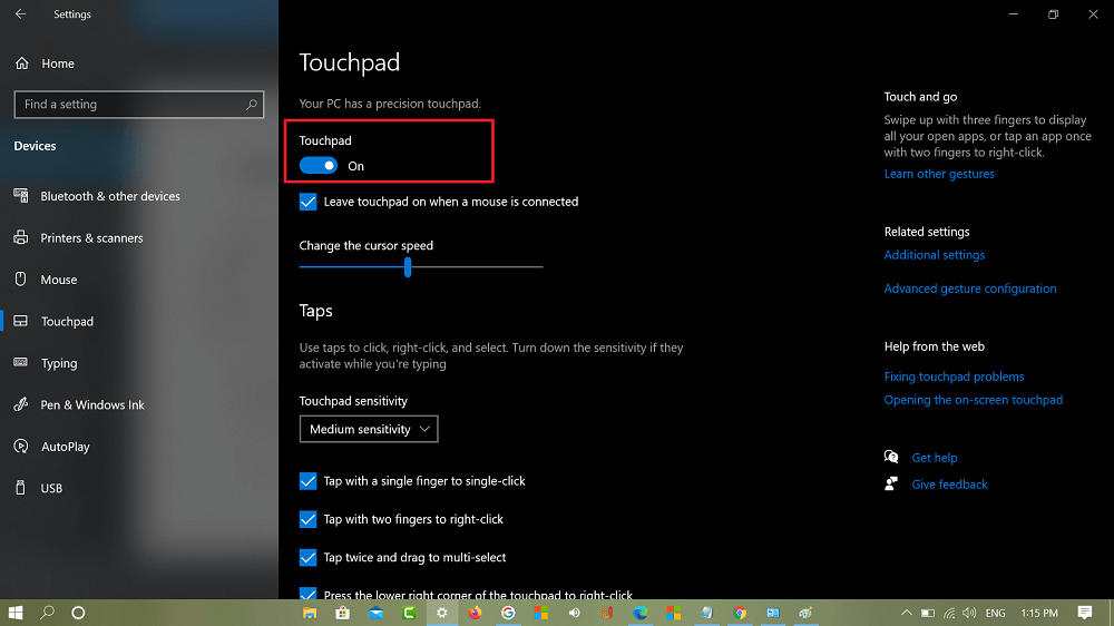 enable and disable touchpad in windows 10