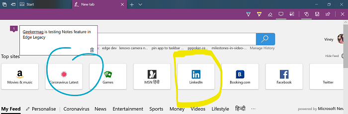 add notes in microsoft edge legacy