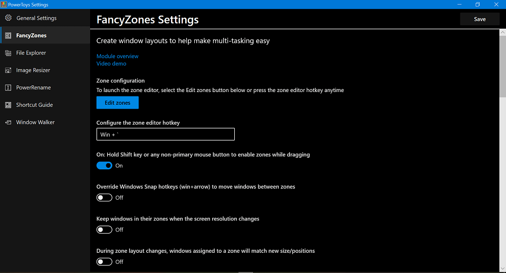 Windows 10 Powertoys FancyZones settings
